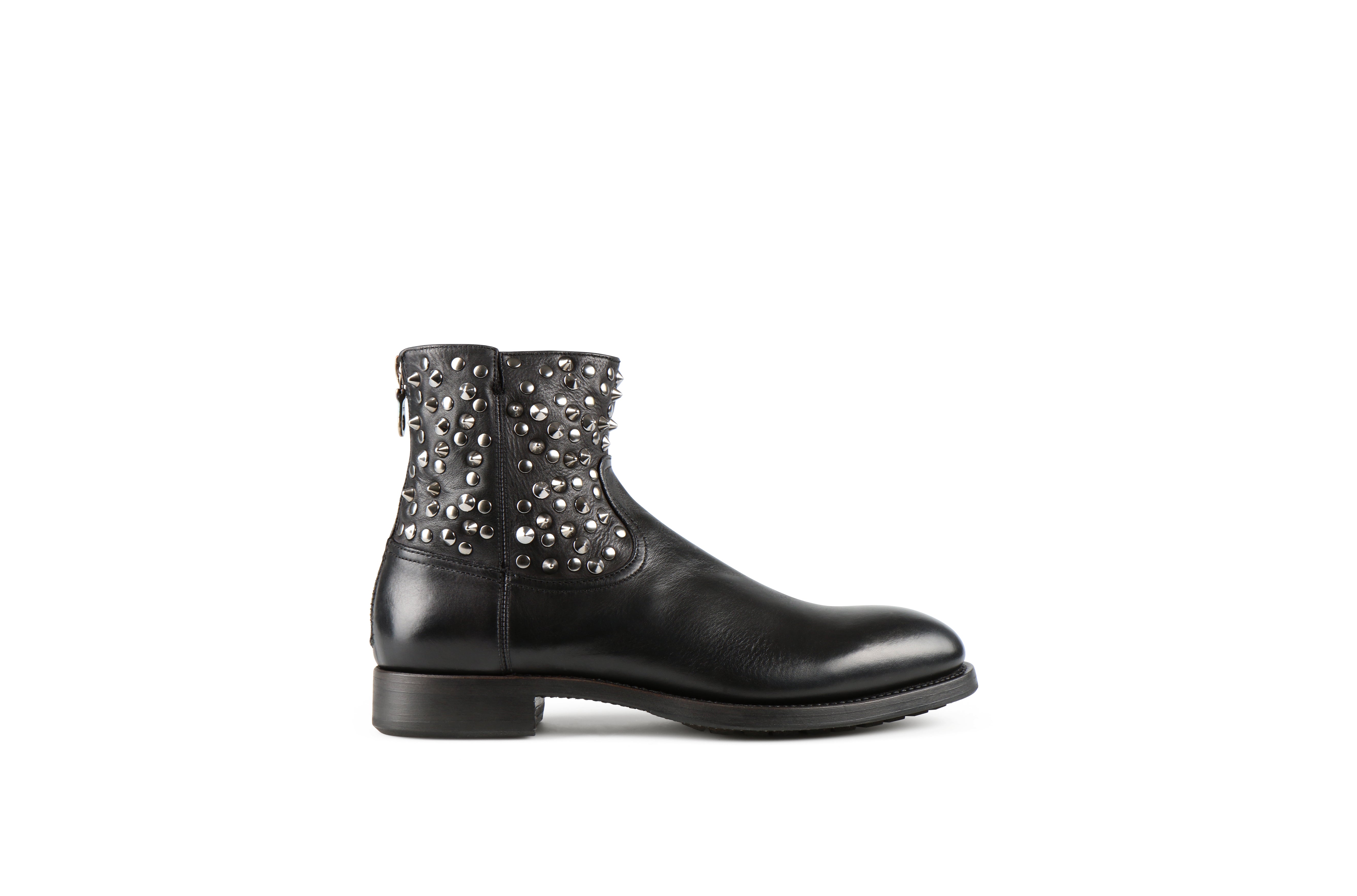 Flame Studs 2 Black Washed Calf Leather Zipper Boots
