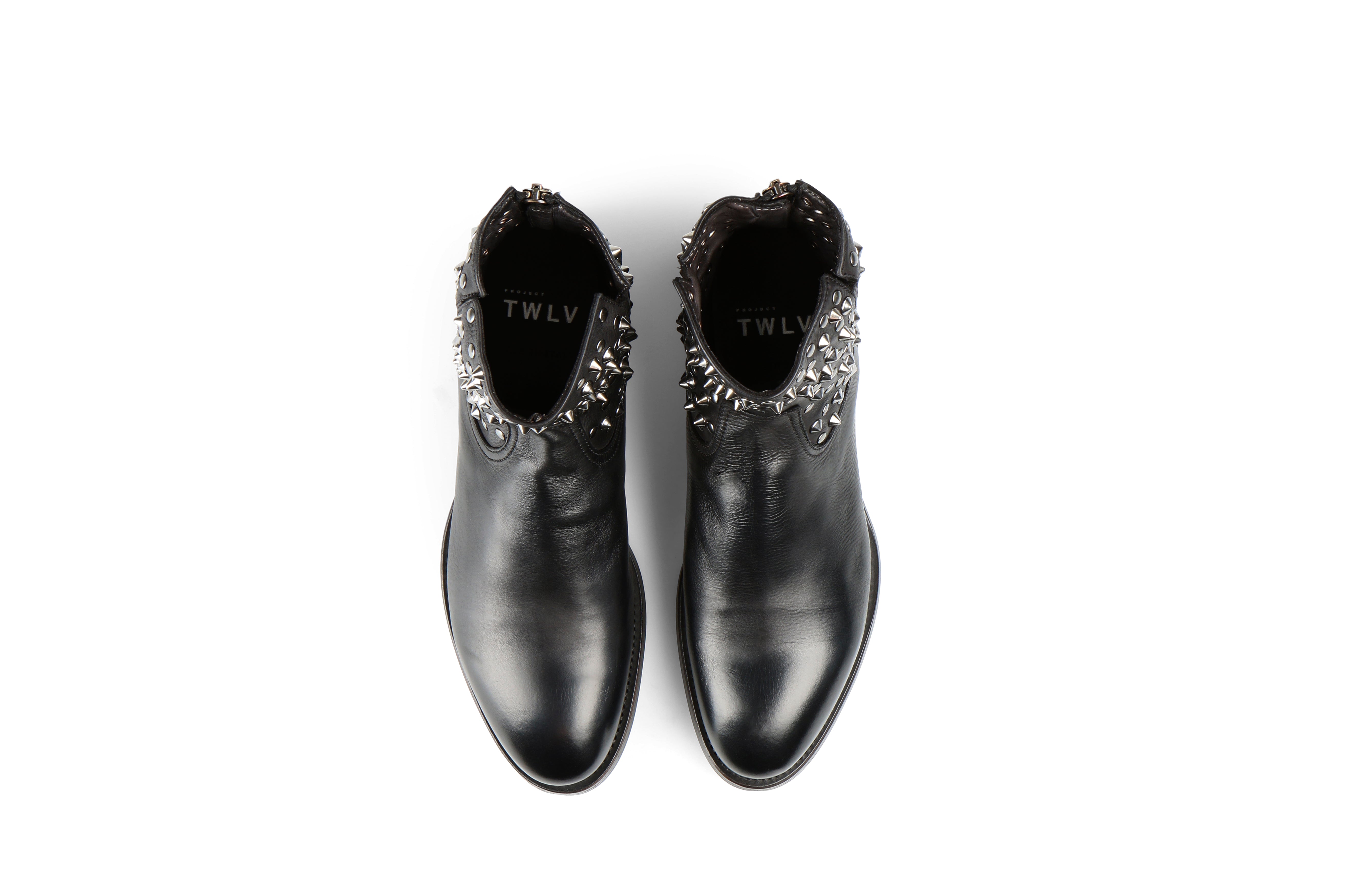 Flame Studs 2 Black Washed Calf Leather Zipper Boots